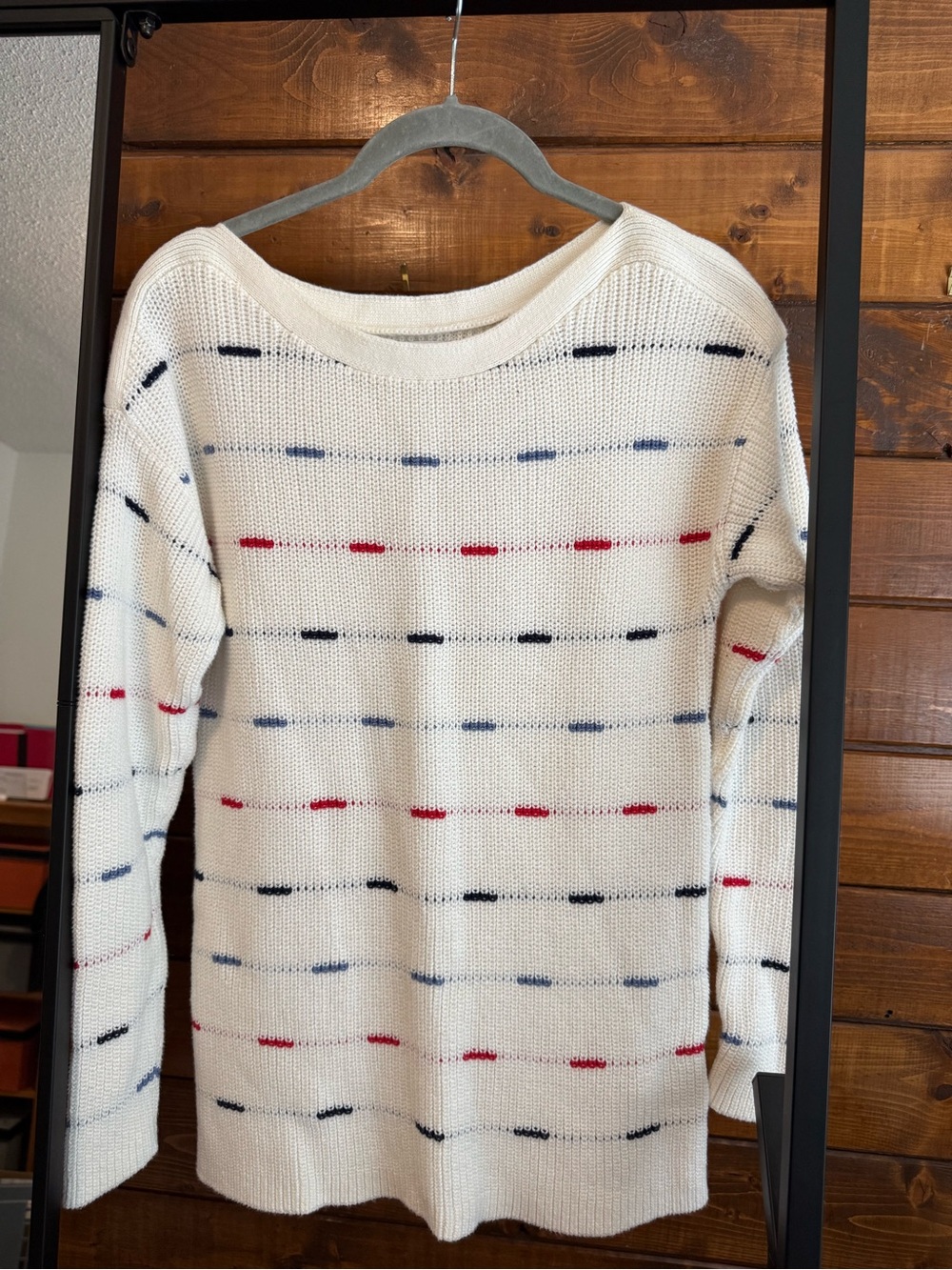 Reitmans White Knit Sweater with Navy and Red Stripe Dashes
